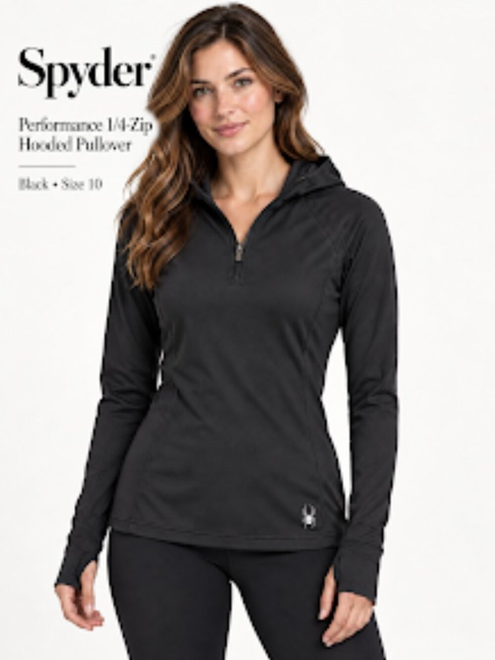 Spyder Performance 1/4-Zip Hooded Pullover with Thumbholes - Black (Size 10)